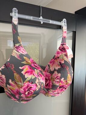 Cacique Pink Floral Underwire T-Shirt Bra on Charcoal